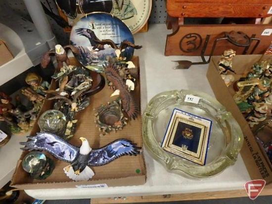 Eagle themed items, figurines, candle holder, collector plates, table lamp, metal tray,