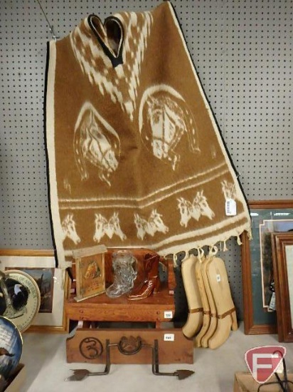 Western and horse themed items, blanket poncho, wall quilts/tapestry, wood bench 14inHx6inW,