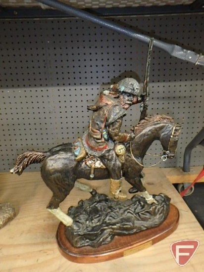 Metal sculpture on wood base, Mountain Man, 19inH