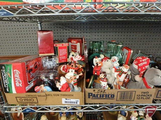 Coca-Cola items, ornaments, figurines, glasses, stuffed animals, metal coasters, bottles, tins,