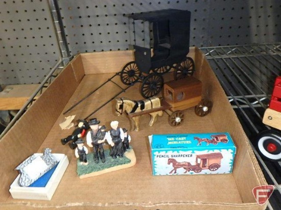 Amish/Pioneer items, wood horse and buggy, cart, keychain, pencil sharpener, and