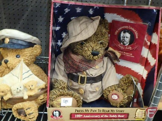 Bear items, figurines,Brando, Hard Rock Cafe, and 100 Anniversary of the Teddy Bear, All on shelf