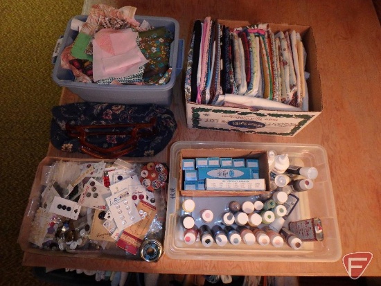 Buttons, embroidery paint, acrylic paint, fabric pieces, patterns, and sewing/knitting bag, All