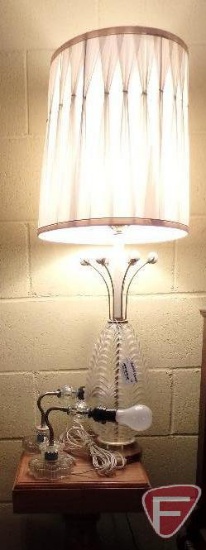 Glass table lamp, (2) glass wall lamps and wood plant stand 37inH