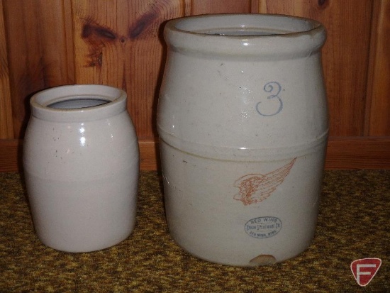 Red Wing butter crock No 3, with chips, and pottery cookie jar, no lid, inside crack, Both