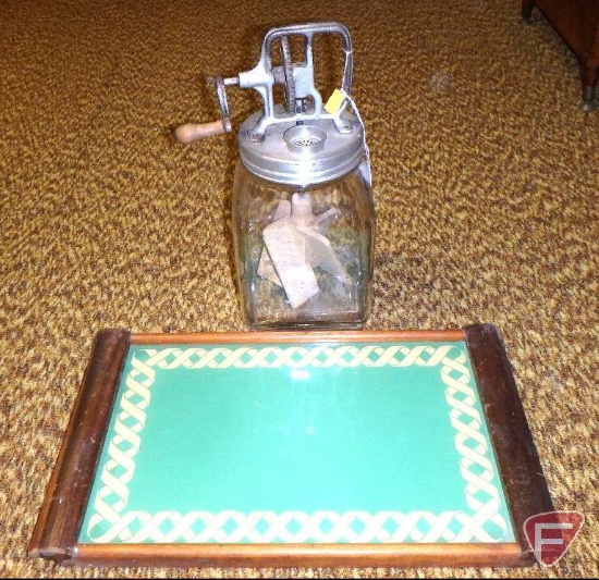 Vintage glass jar butter churn and wood/plastic serving tray, both