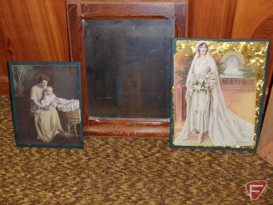 Wood framed mirror 16inx12in, and two vintage pictures, All 3