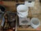 Metal items, match holder, tea pot, canisters, Ceramic Briquettes, plastic buckets, ceiling light,