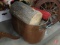 Copper tub with wood handles, whisk broom, pieces of cut wood, All