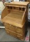 Wood roll top desk, 3 drawers, 46inHx29inWx22inD, and gray electric table lamp, Both