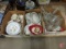 Clear glass floral plates and candle holders, three boxes, not all matching