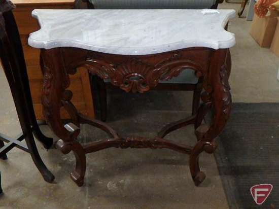 Ornate wall table/sofa table with marble top, 30inHx32inWx15inD