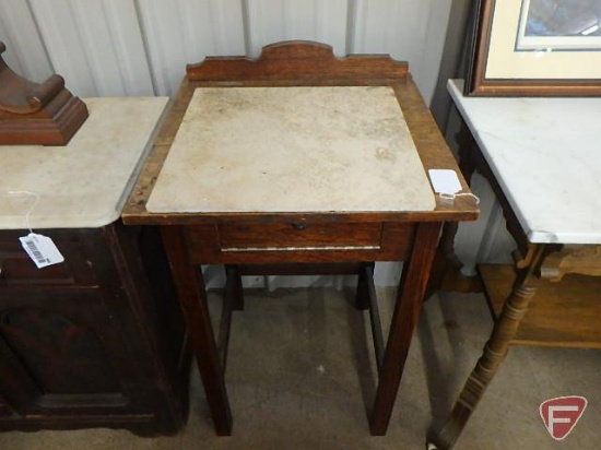 Wood table with storage, 30inHx20inWx20inD, and marble piece 16inx16in, Both