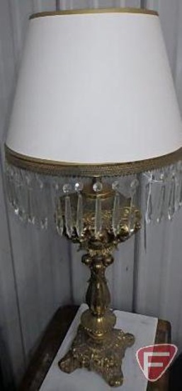 Vintage brass table lamp with crystal fringe shade, 32inH