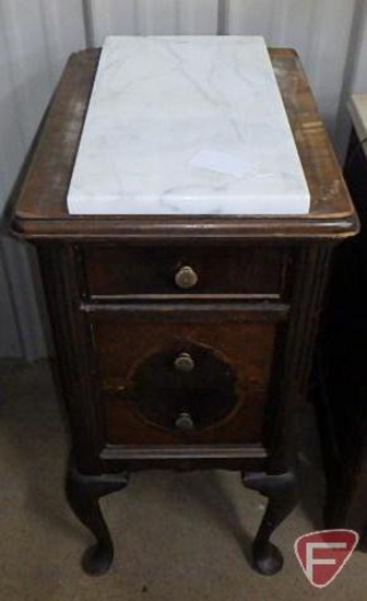 Three drawer vintage wood storage cabinet, 31inHx15inWx20inD and marble piece 10inx19in, Both