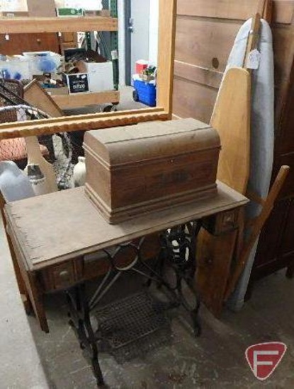 Vintage treadle sewing machine in cabinet with cover and (2) wood ironing boards, All 3