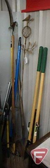 Yard and garden tools, tree saw, pruner, post pounder, post hole digger, rake, shovel, pitch fork,
