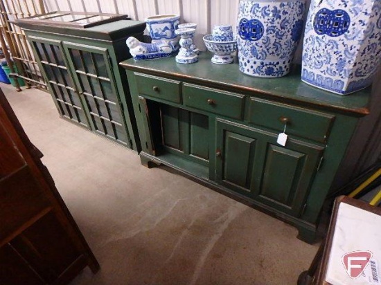 2-piece painted wood hutch, Top 44inHx60inWx15inD has glass doors, adjustable shelves and light