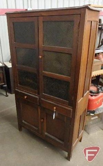 Wood storage cabinet with tin inserts, 2 drawer, 4 door, front doors need to be re-installed
