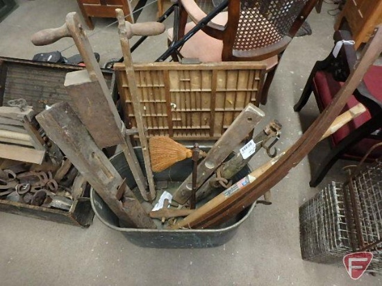 Vintage wood pieces, plane, seeder, Hamilton Mfg tray, tree tap and more in metal tub, All