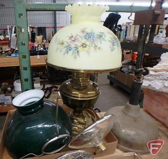 Electric table lamp, vintage oil lamp, green glass shade