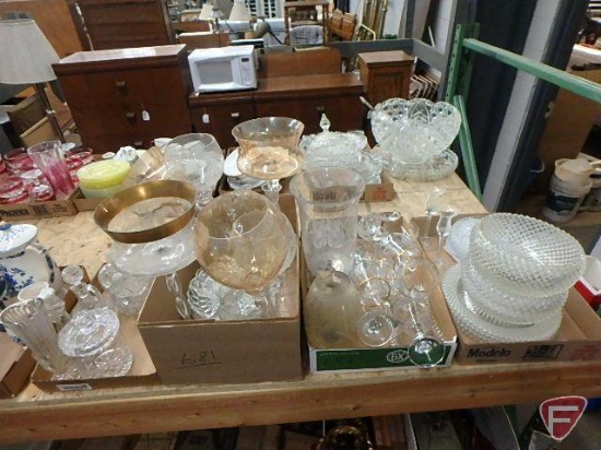 Clear glassware, vases, candy dishes, bowls, plates, goblets and tall decorative pieces