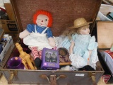 Pilgrims, timers, strainers, drip coffee maker, dolls, both suitcases