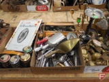 Brass items, kitchen utensils, spoon collection, three boxes