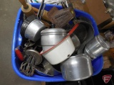 Tote of rolling pins, enamelware, kitchen utensils