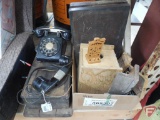 Telephone parts and pieces, birdhouse, and traps