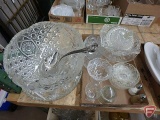 Clear glass serving trays, dishes, pastry stand, salt/pepper, and punch bowl, All