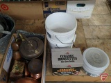 Metal items, match holder, tea pot, canisters, Ceramic Briquettes, plastic buckets, ceiling light,