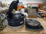 Enamel canning kettle, funnel masher, fry pans