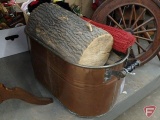 Copper tub with wood handles, whisk broom, pieces of cut wood, All