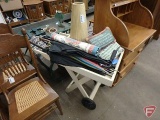 Wood wheelbarrow-style cart,table umbrella base, throw pillows, canes and umbrellas, All