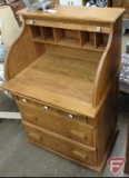 Wood roll top desk, 3 drawers, 46inHx29inWx22inD, and gray electric table lamp, Both