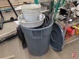 Rubbermaid Brute can with lid, garden hose, metal pail and pan, All