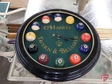 Pool cues, billiard balls, and Ohanlys Tavern and Billiards clock, All