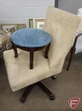 Adjustable desk chair with blue upholstered stool