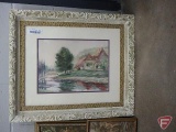 Assortment of pictures, 2 are material framed, various scenes and sizes