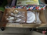 Simplicity china set, silverware, Rogers, Heritage and others, all three boxes