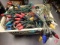 Vintage Christmas lights, some with cloth cord, in tote