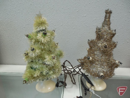 (2) Vintage Lighted artificial Christmas trees, both 12" high
