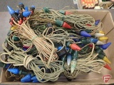 Vintage Christmas lights, some with cloth cord, some with red wood beads
