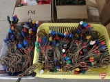 Vintage Christmas lights, most on cloth cord and most with red wood beads, basket and box