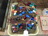Vintage Christmas lights, some on cloth cord and some with red wood beads, all in tote