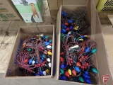 Vintage Christmas lights, some on cloth cords and some with red wood beads, Both boxes