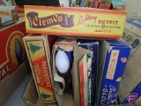 Vintage Christmas lights in ClemCo, Paramount, Royal, Happy Time boxes, some on cloth cord