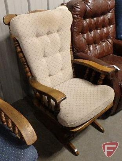 Wood glider with upholstered cushions, some scratches, tan