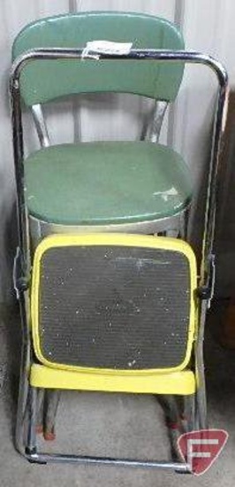Vintage Cosco metal chair/step stool, has some staining/wear, and Cosco yellow step stool, Both